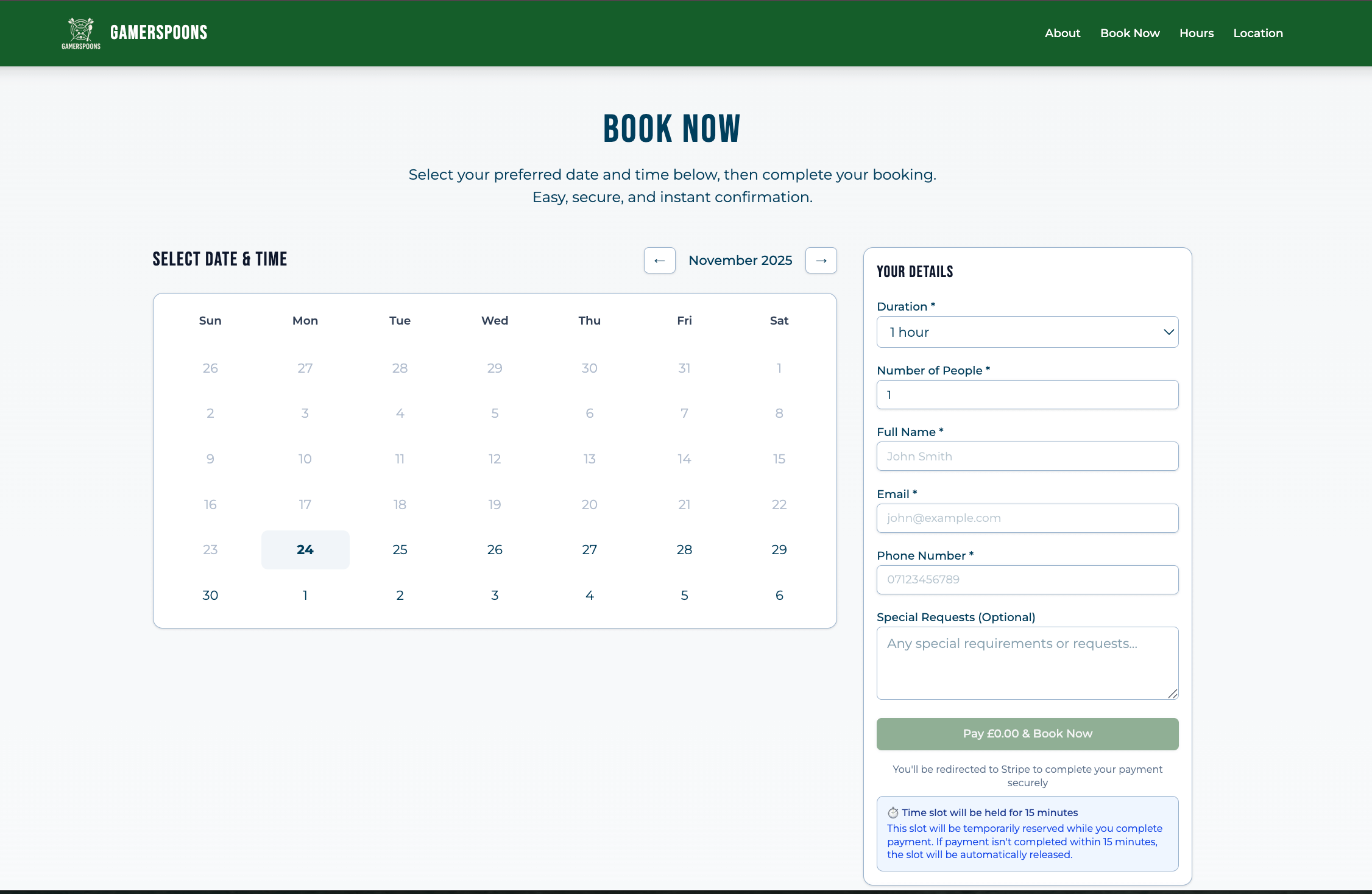 Customer booking form interface