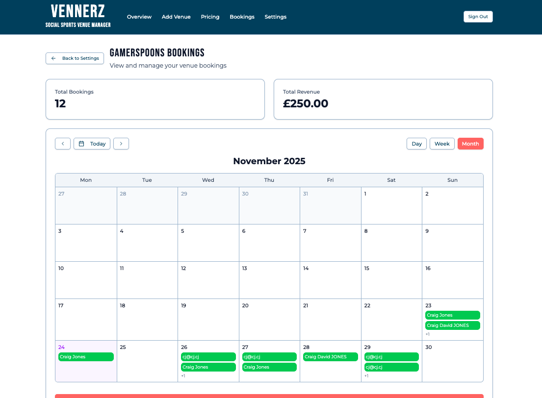 Booking management calendar interface