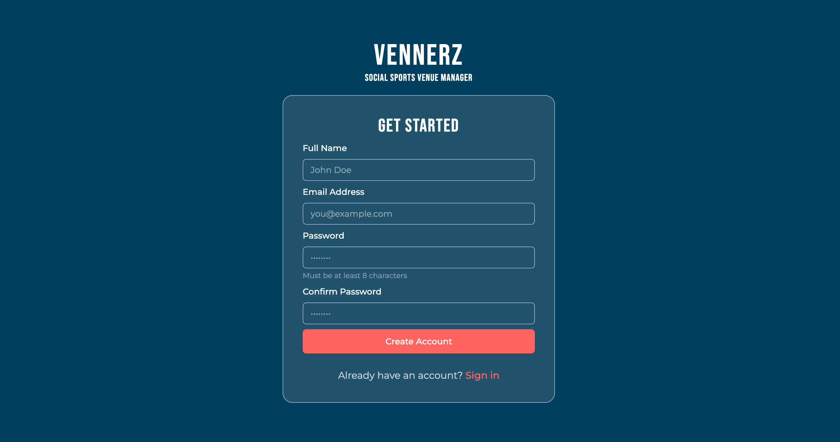 Sign up and login screen